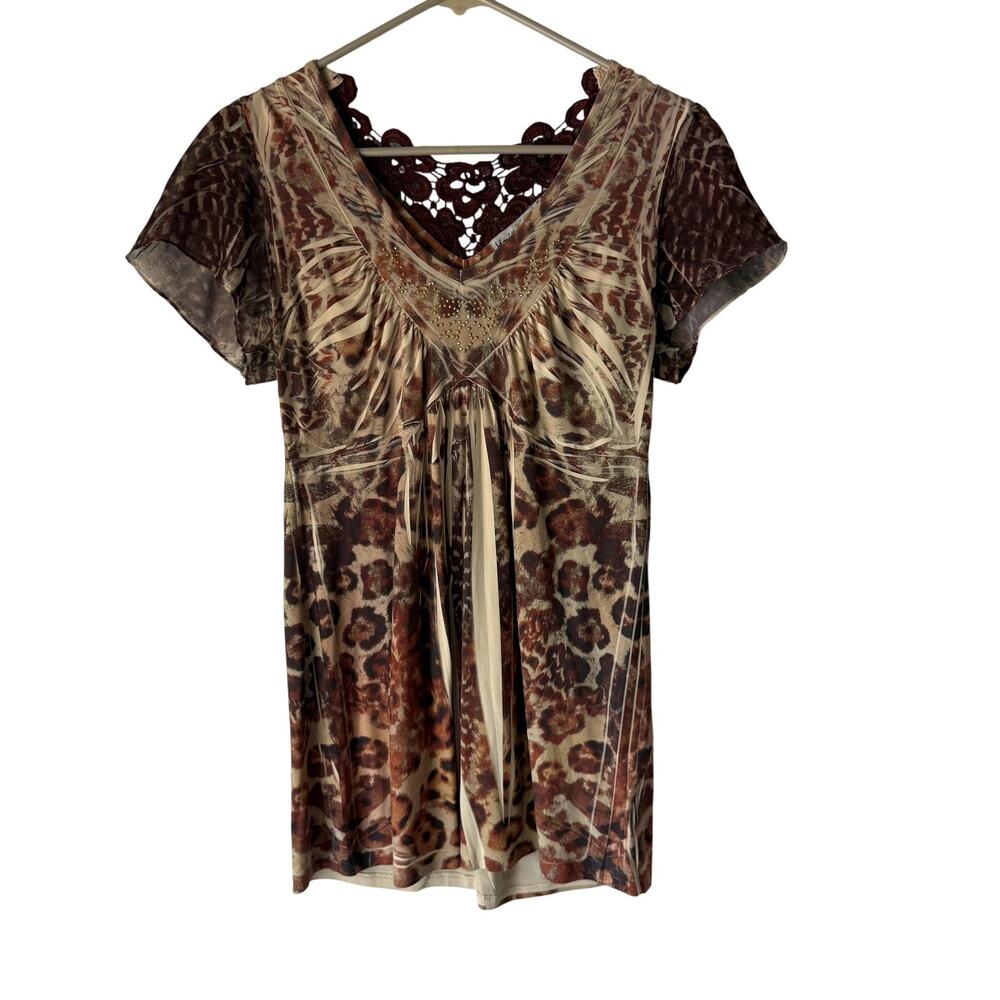 Unity Tunic Top Y2k Small‎ Brown Animal Print Short Sleeve Sheer Beaded Boho